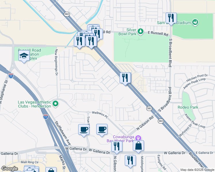 map of restaurants, bars, coffee shops, grocery stores, and more near 6024 Mustang Breeze Trail in Henderson