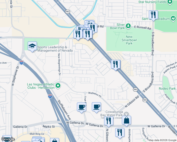 map of restaurants, bars, coffee shops, grocery stores, and more near 6436 Saddle Up Avenue in Henderson