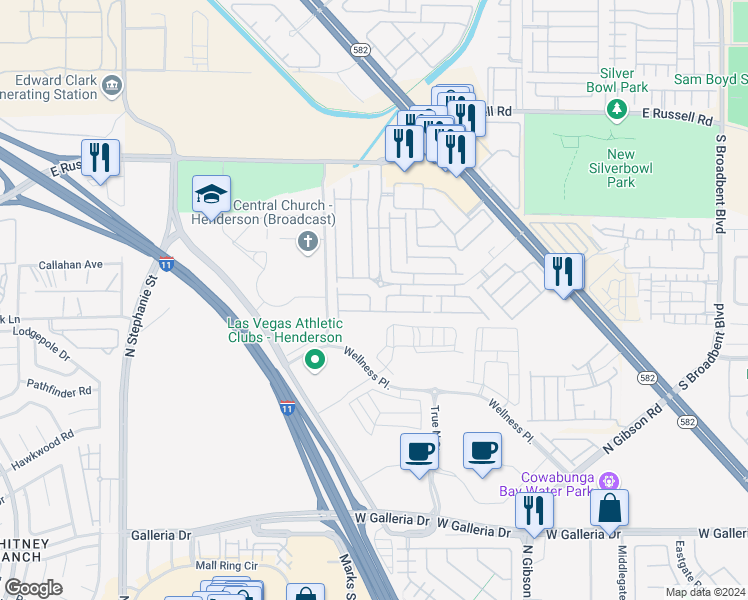 map of restaurants, bars, coffee shops, grocery stores, and more near 6016 Gentleslope Street in Henderson