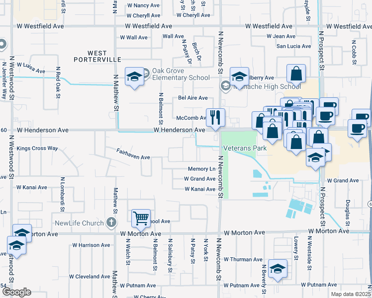 map of restaurants, bars, coffee shops, grocery stores, and more near 1755 West Henderson Avenue in Porterville