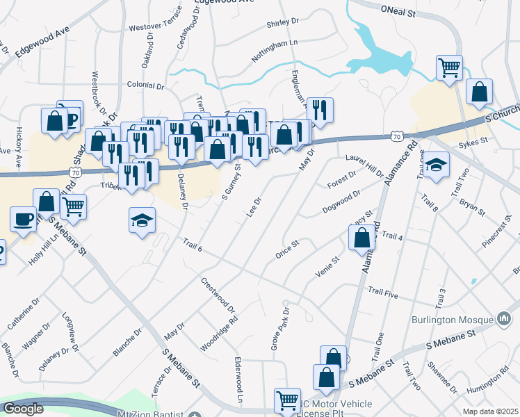 map of restaurants, bars, coffee shops, grocery stores, and more near 2236 Lee Drive in Burlington