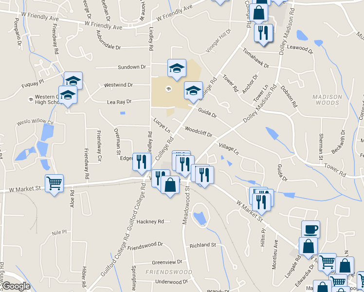map of restaurants, bars, coffee shops, grocery stores, and more near 228 College Road in Greensboro