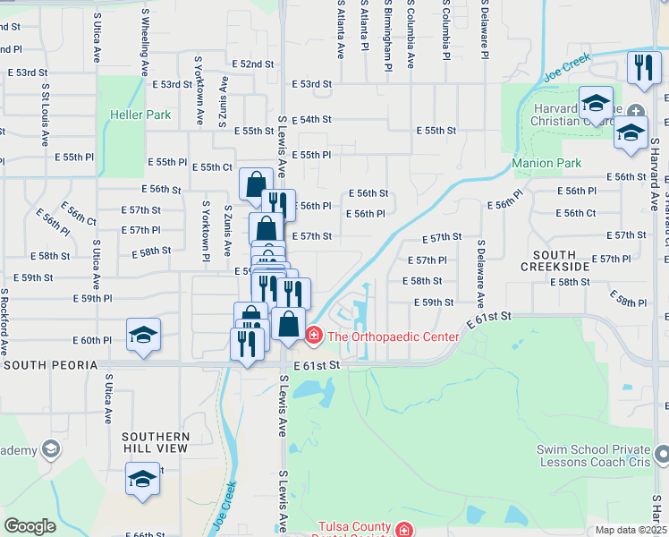 map of restaurants, bars, coffee shops, grocery stores, and more near 5721 South Lewis Avenue in Tulsa