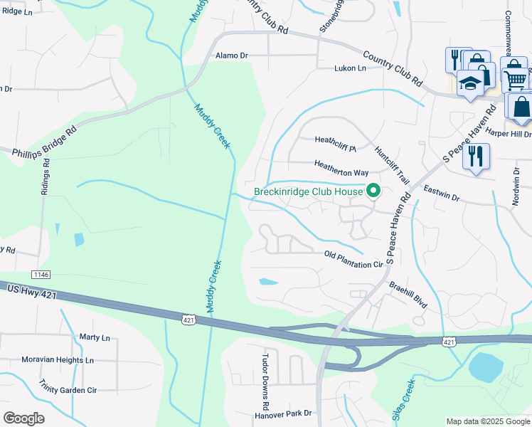 map of restaurants, bars, coffee shops, grocery stores, and more near 560 Ridgehaven Drive in Winston-Salem