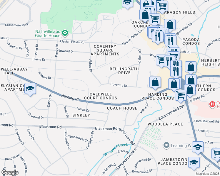map of restaurants, bars, coffee shops, grocery stores, and more near 442 Coventry Drive in Nashville