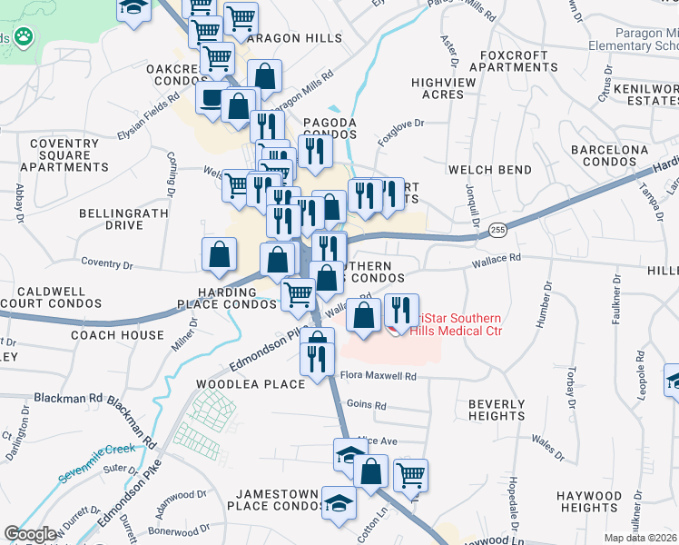 map of restaurants, bars, coffee shops, grocery stores, and more near 205 Brookridge Trail in Nashville