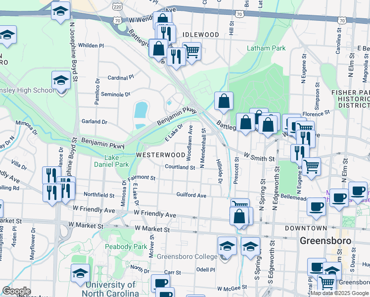 map of restaurants, bars, coffee shops, grocery stores, and more near 417 Woodlawn Avenue in Greensboro