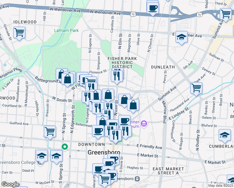 map of restaurants, bars, coffee shops, grocery stores, and more near 526 South Elm Street in Greensboro