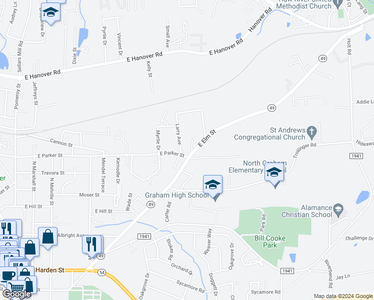 map of restaurants, bars, coffee shops, grocery stores, and more near 702 East Parker Street in Graham