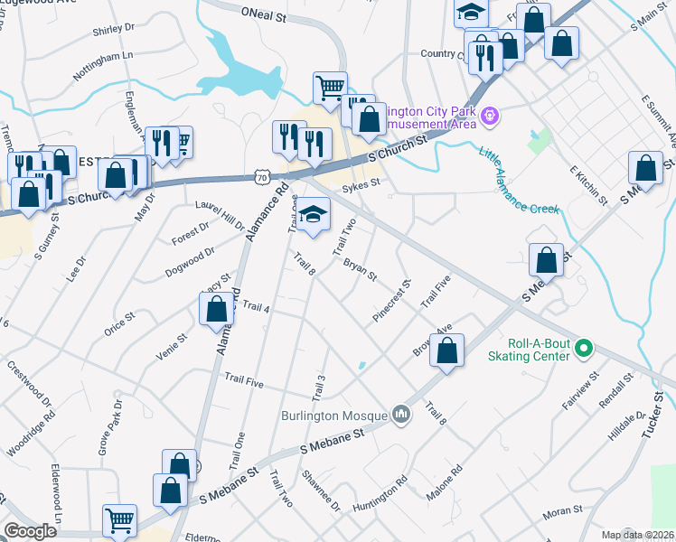 map of restaurants, bars, coffee shops, grocery stores, and more near 1930 Trail Two in Burlington