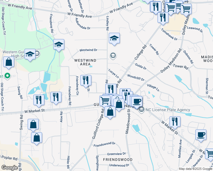 map of restaurants, bars, coffee shops, grocery stores, and more near 207 Lindley Road in Greensboro