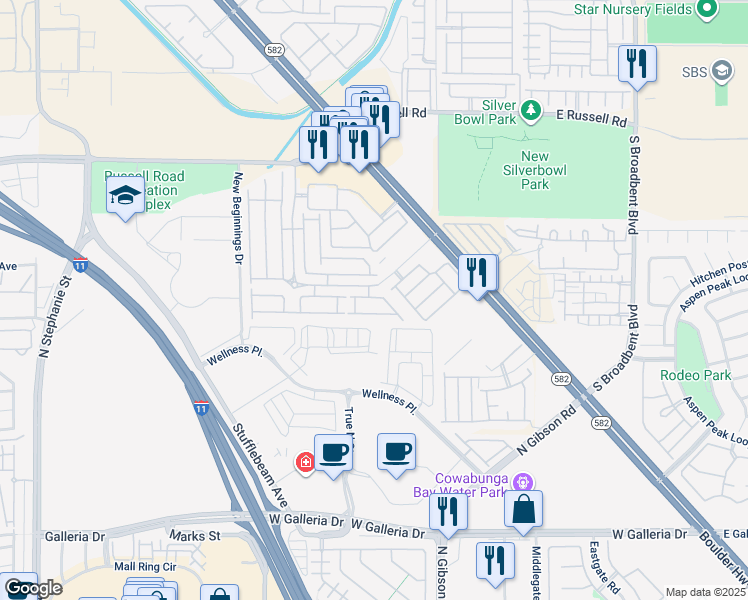 map of restaurants, bars, coffee shops, grocery stores, and more near 6455 Saddle Up Avenue in Henderson