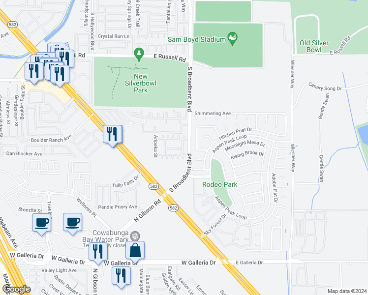 map of restaurants, bars, coffee shops, grocery stores, and more near 6054 Peaceful Creek Street in Las Vegas