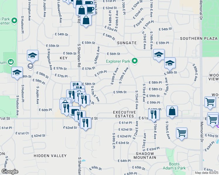 map of restaurants, bars, coffee shops, grocery stores, and more near 5813 South 69th East Avenue in Tulsa