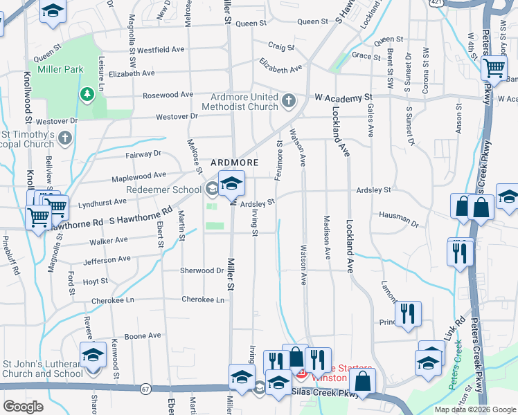 map of restaurants, bars, coffee shops, grocery stores, and more near 1026 Irving Street in Winston-Salem