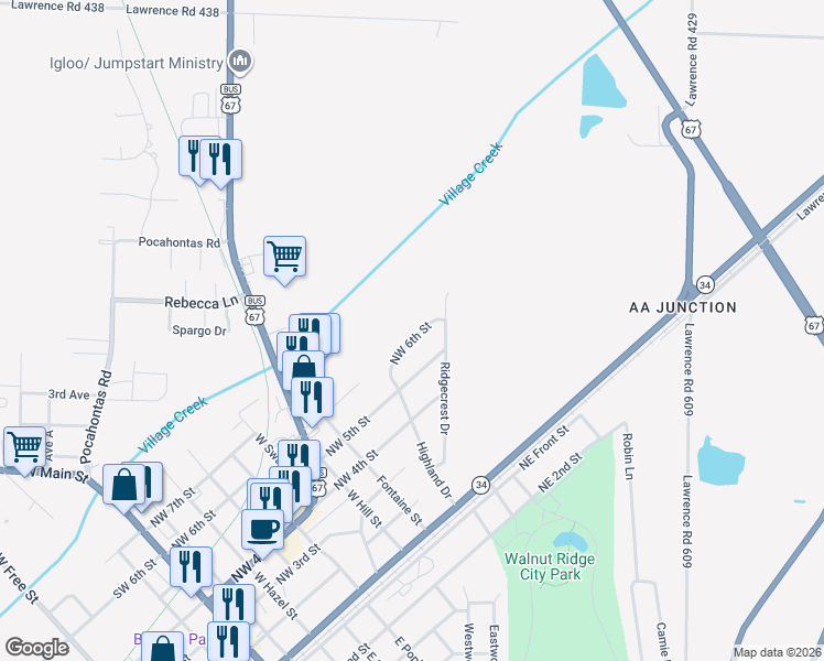 map of restaurants, bars, coffee shops, grocery stores, and more near 911 Northwest 6th Street in Walnut Ridge