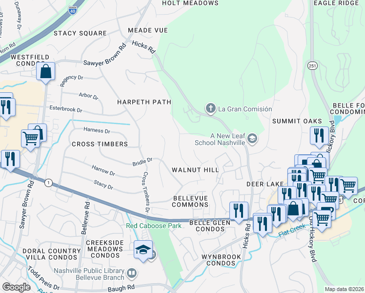 map of restaurants, bars, coffee shops, grocery stores, and more near 845 Stirrup Drive in Nashville