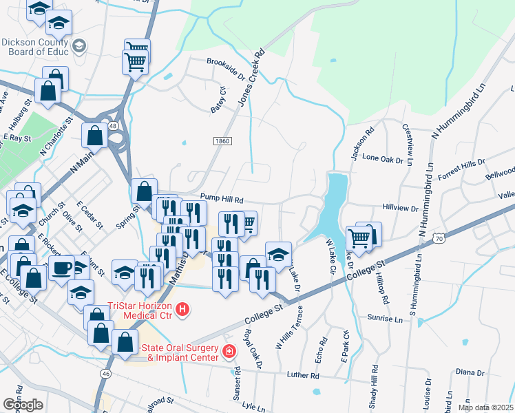map of restaurants, bars, coffee shops, grocery stores, and more near 212 Pumphill Road in Dickson
