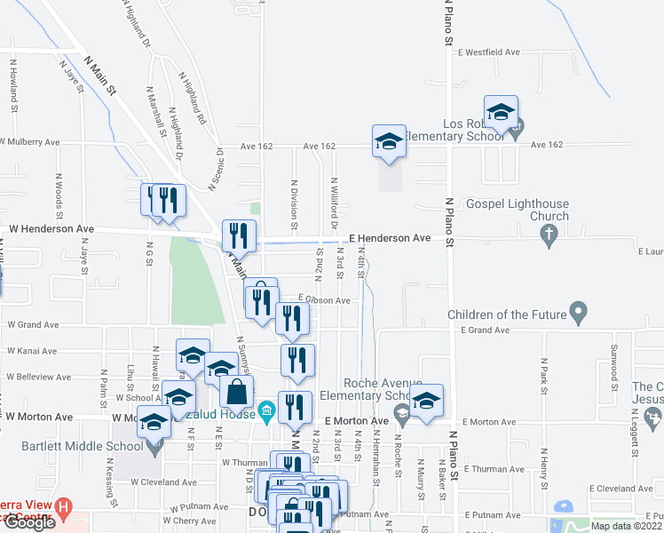 map of restaurants, bars, coffee shops, grocery stores, and more near 739 North 3rd Street in Porterville
