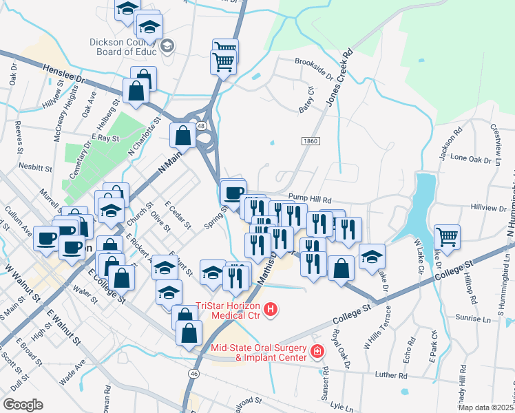 map of restaurants, bars, coffee shops, grocery stores, and more near 303 Henslee Drive in Dickson