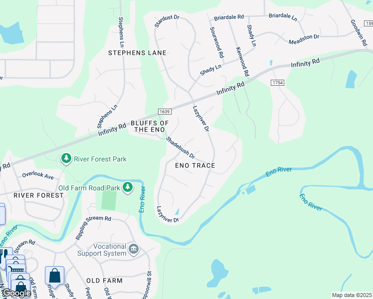 map of restaurants, bars, coffee shops, grocery stores, and more near 4115 Lazyriver Lane in Durham