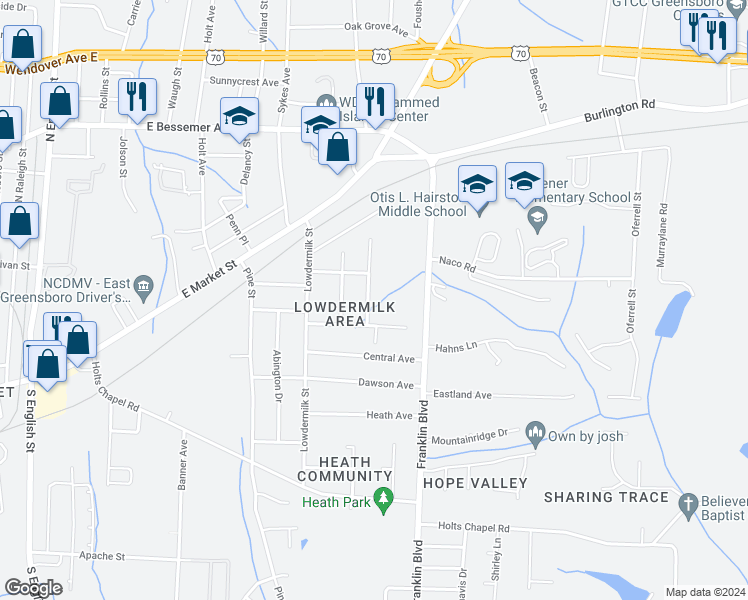map of restaurants, bars, coffee shops, grocery stores, and more near 311 Guerrant Street in Greensboro