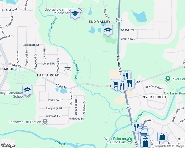 map of restaurants, bars, coffee shops, grocery stores, and more near 5022 McKittrick Lane in Durham