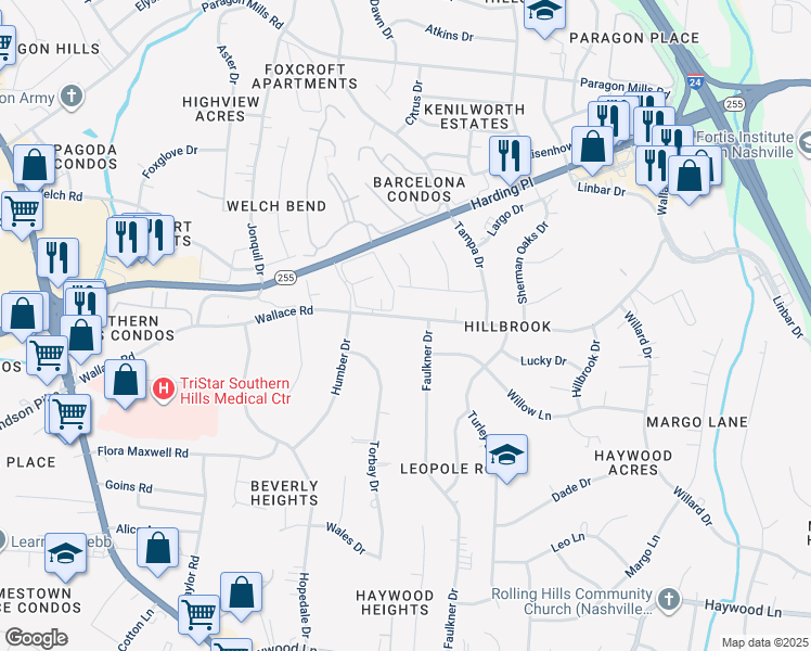 map of restaurants, bars, coffee shops, grocery stores, and more near 282 Wallace Road in Nashville