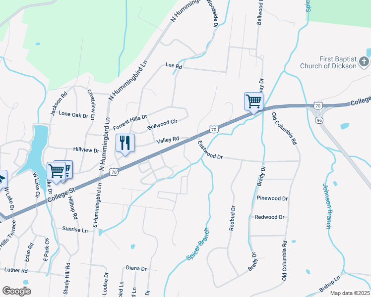 map of restaurants, bars, coffee shops, grocery stores, and more near 1200 U.S. 70 in Dickson