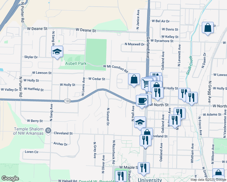 map of restaurants, bars, coffee shops, grocery stores, and more near 1225 North Stephens Avenue in Fayetteville