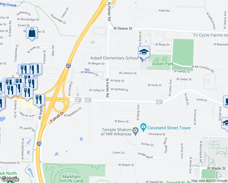 map of restaurants, bars, coffee shops, grocery stores, and more near 2367 West Hatfield Street in Fayetteville