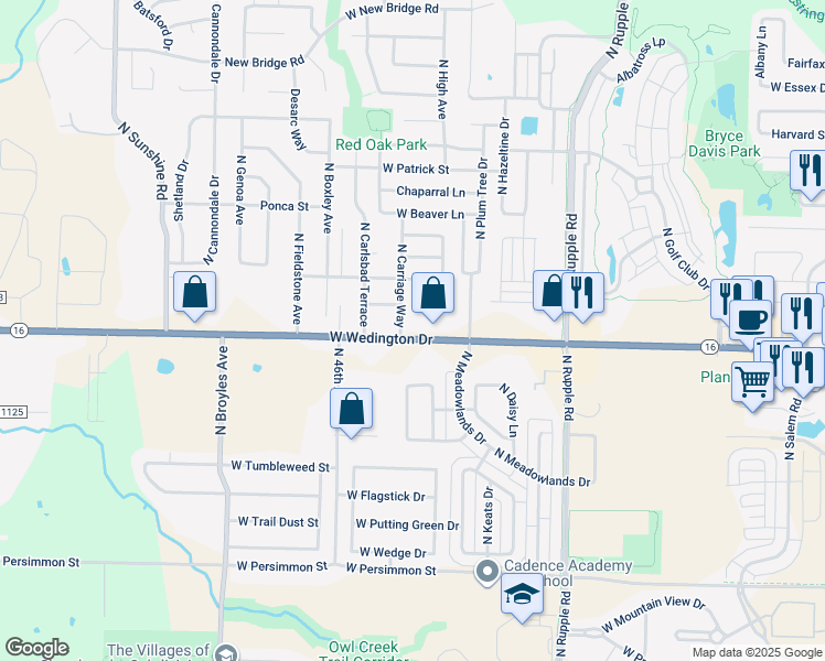 map of restaurants, bars, coffee shops, grocery stores, and more near 1127 North Carriage Way in Fayetteville