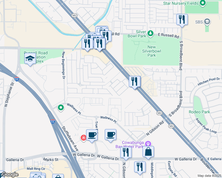 map of restaurants, bars, coffee shops, grocery stores, and more near 6039 Mustang Breeze Trail in Henderson