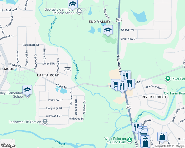 map of restaurants, bars, coffee shops, grocery stores, and more near 5022 McKittrick Lane in Durham