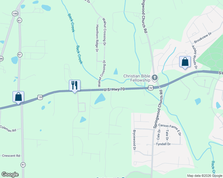 map of restaurants, bars, coffee shops, grocery stores, and more near 7277 Burlington Road in Whitsett
