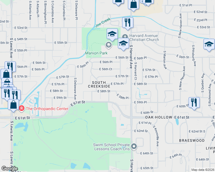 map of restaurants, bars, coffee shops, grocery stores, and more near 2955 East 57th Place in Tulsa