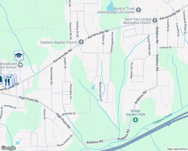 map of restaurants, bars, coffee shops, grocery stores, and more near 445 Wayside Drive in Winston Salem