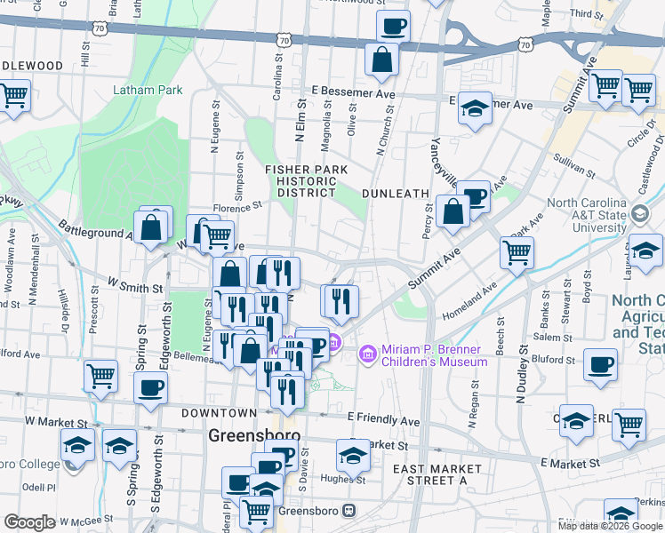 map of restaurants, bars, coffee shops, grocery stores, and more near 129 East Fisher Avenue in Greensboro