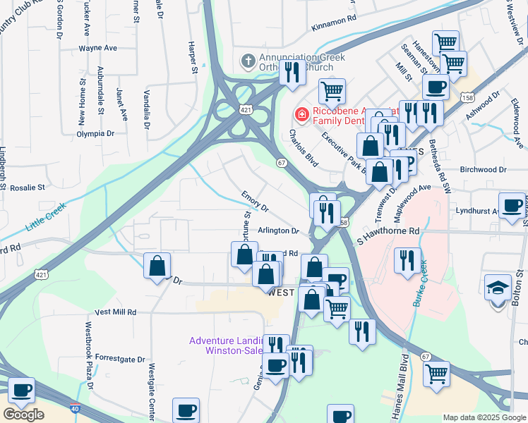 map of restaurants, bars, coffee shops, grocery stores, and more near 3240 Emory Drive in Winston-Salem