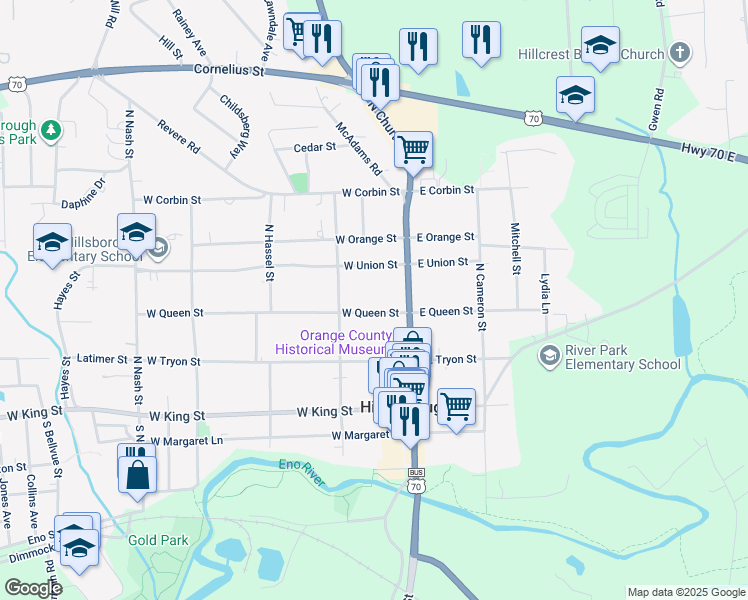 map of restaurants, bars, coffee shops, grocery stores, and more near 116 West Queen Street in Hillsborough