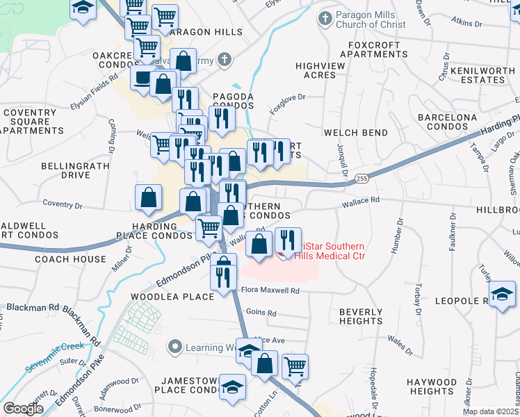 map of restaurants, bars, coffee shops, grocery stores, and more near 370 Wallace Road in Nashville