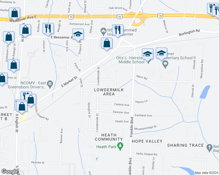 map of restaurants, bars, coffee shops, grocery stores, and more near 311 Hazelwood Drive in Greensboro
