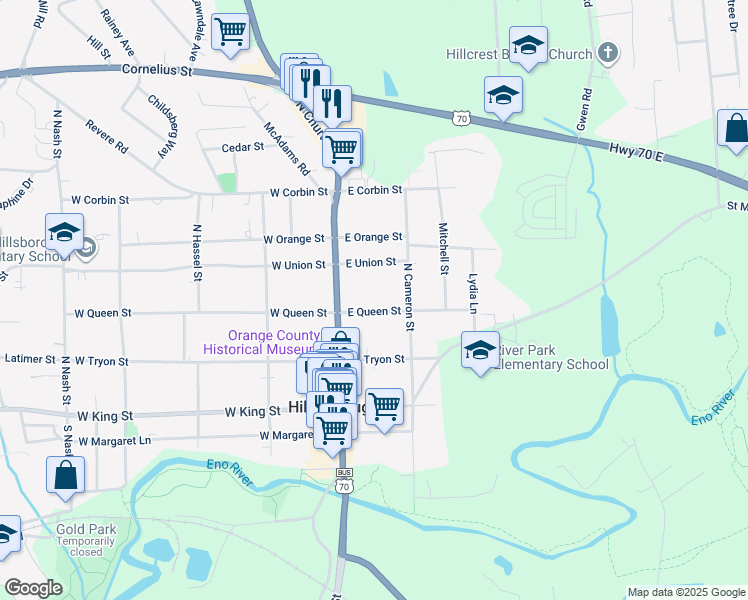 map of restaurants, bars, coffee shops, grocery stores, and more near 117 E Queen St in Hillsborough