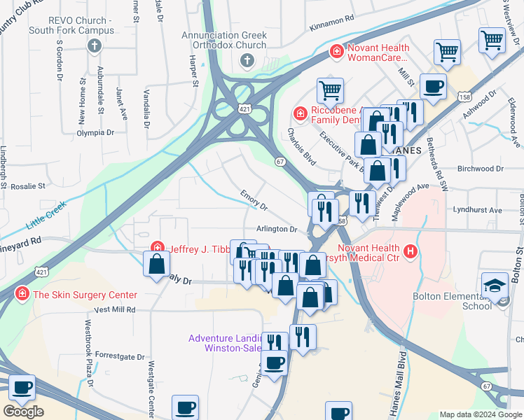 map of restaurants, bars, coffee shops, grocery stores, and more near 3240 Emory Drive in Winston-Salem