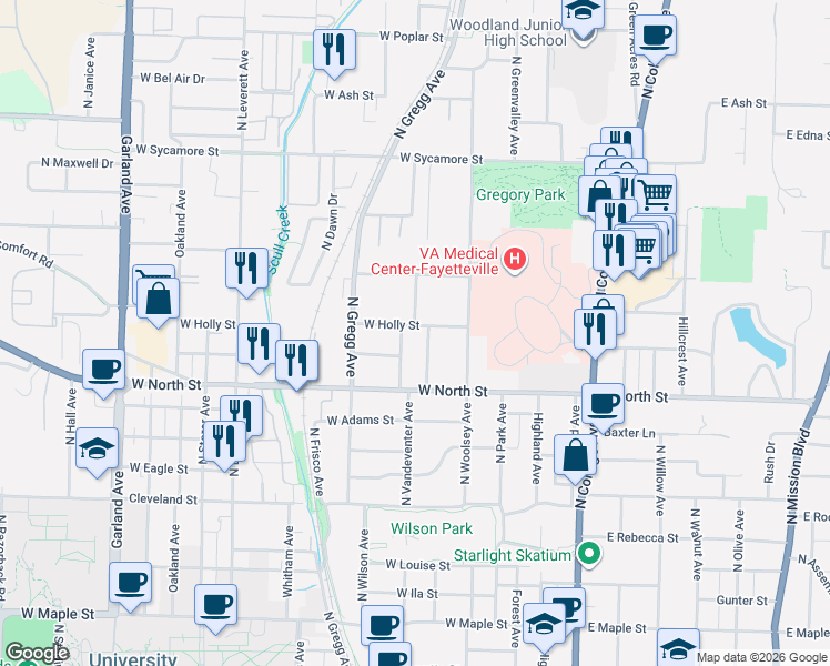map of restaurants, bars, coffee shops, grocery stores, and more near 1321 N Vandeventer Ave in Fayetteville