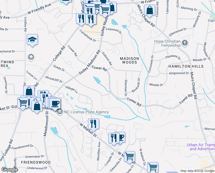 map of restaurants, bars, coffee shops, grocery stores, and more near 5311 Tower Road in Greensboro