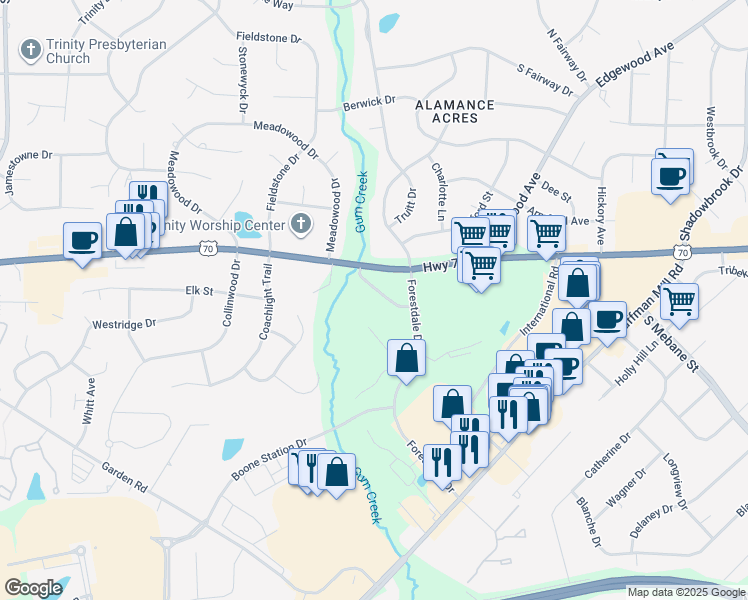 map of restaurants, bars, coffee shops, grocery stores, and more near 3121 Commerce Place in Burlington