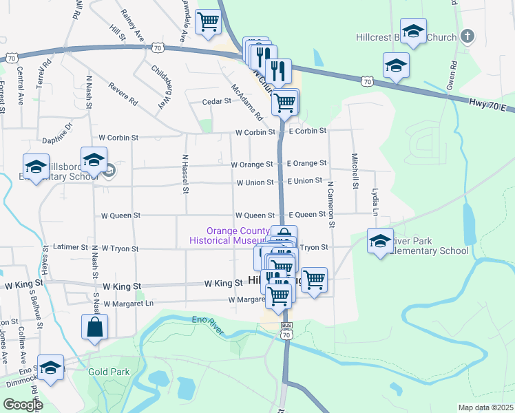 map of restaurants, bars, coffee shops, grocery stores, and more near 116 West Queen Street in Hillsborough