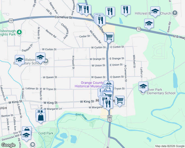 map of restaurants, bars, coffee shops, grocery stores, and more near 309 North Wake Street in Hillsborough
