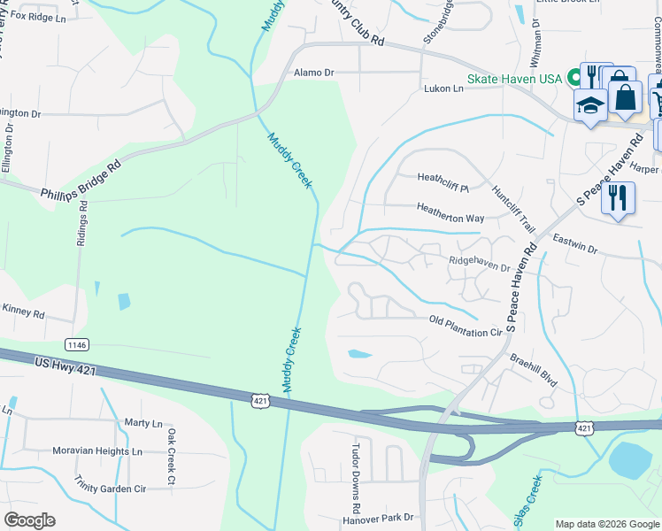 map of restaurants, bars, coffee shops, grocery stores, and more near 560 Ridgehaven Drive in Winston-Salem
